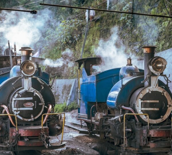 The Darjeeling Toy Train climbing through green hills with steam
