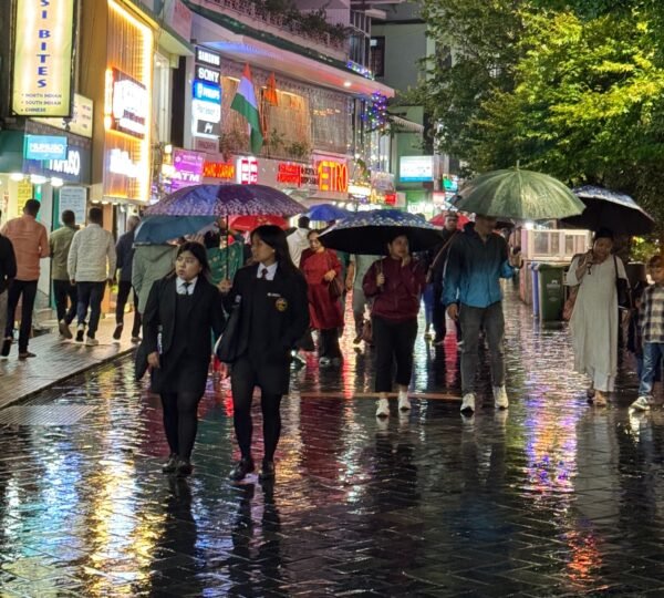 Evening activities on MG Marg, Gangtok, with lights and shops
