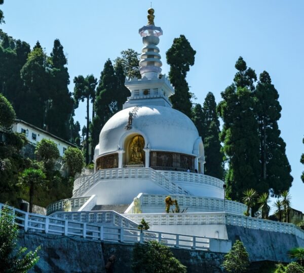 White Peace Pagoda stupa with Buddhist architecture in Darjeeling