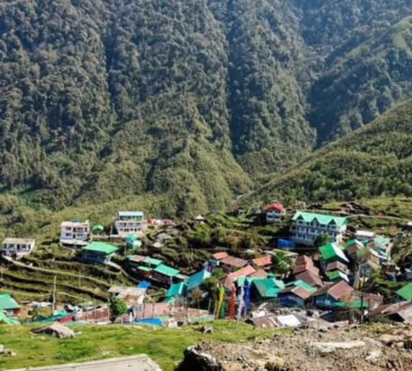 : Quaint Padamchen village with traditional homes on Silk Route