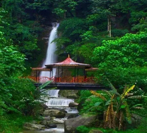 Waterfall flowing through lush greenery at Banjhakri Park