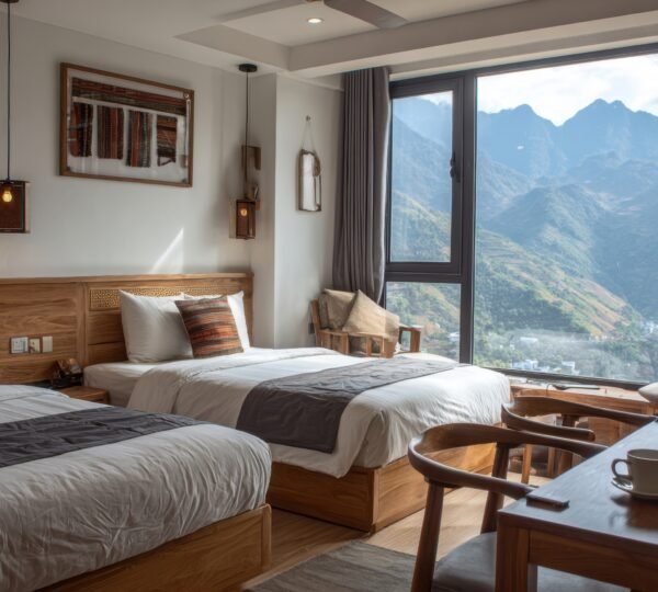 Cozy hotel balcony offering panoramic views of the Himalayas in Gangtok or Darjeeling.