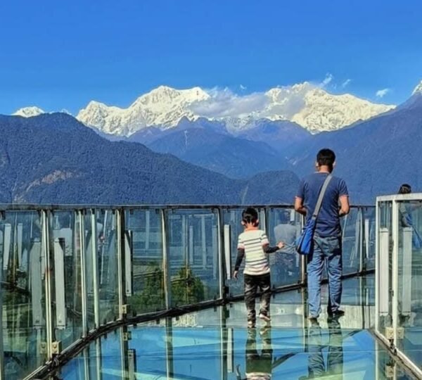 Tourists enjoying Kanchenjunga view from Pelling Skywalk in Sikkim