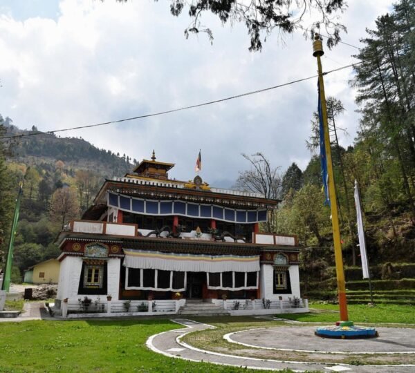 Buddhist monastery in Lachung with prayer flags fluttering