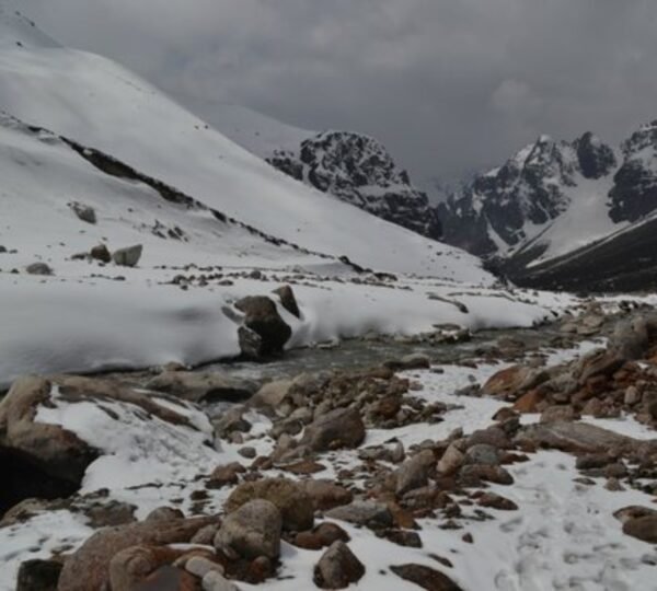 Snow-covered mountains and icy plains at Zero Point near Lachung