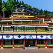 Traveler exploring Rumtek Monastery surrounded by prayer flags in Gangtok, Sikkim